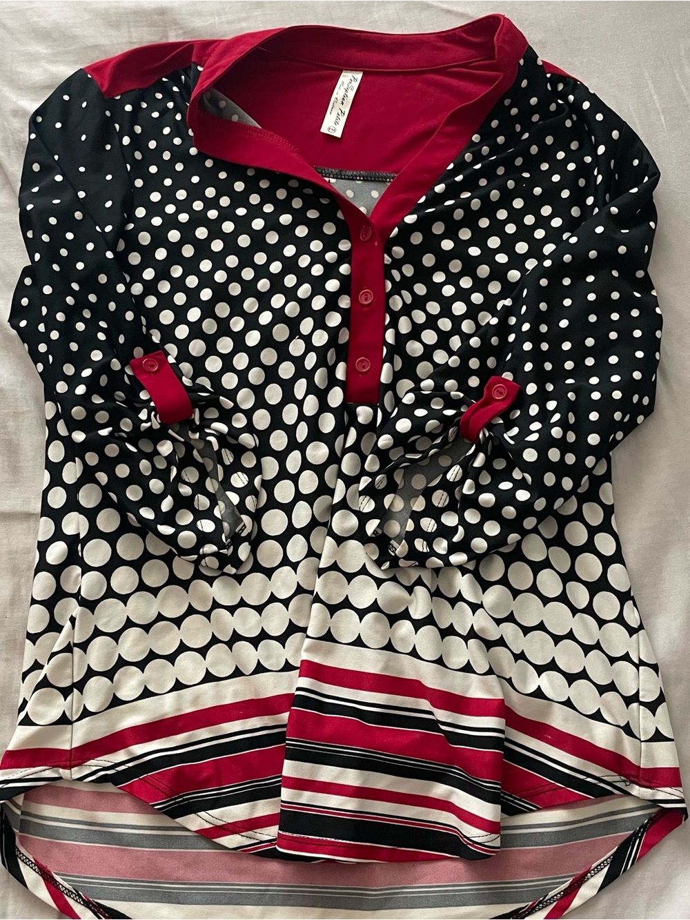 Perseption Black and White Polka Dot Tunic with Red Trim